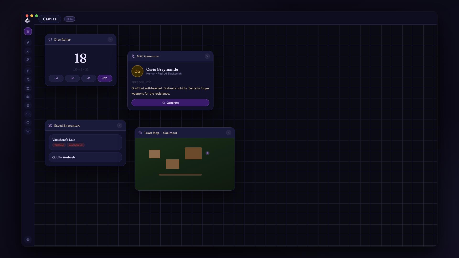 Ashkeeper campaign canvas with multiple tool panels open